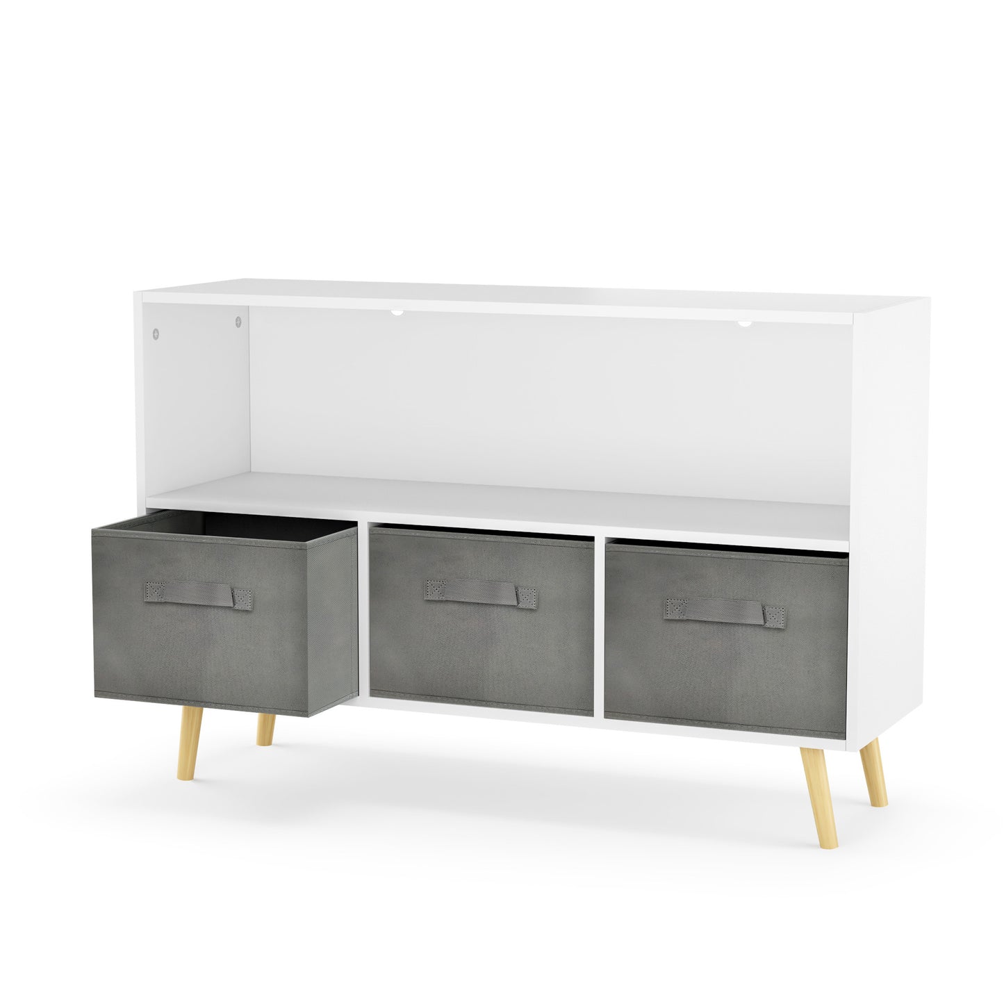 Kids bookcase with Collapsible Fabric Drawers - White+Gray