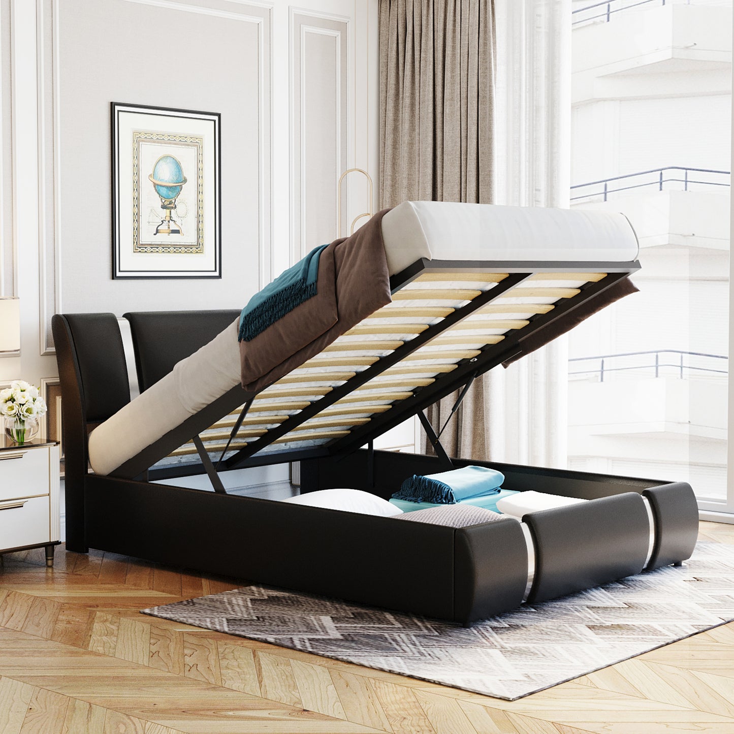 Quillon Full Size Storage Platform Bed w Hydraulic System - Black