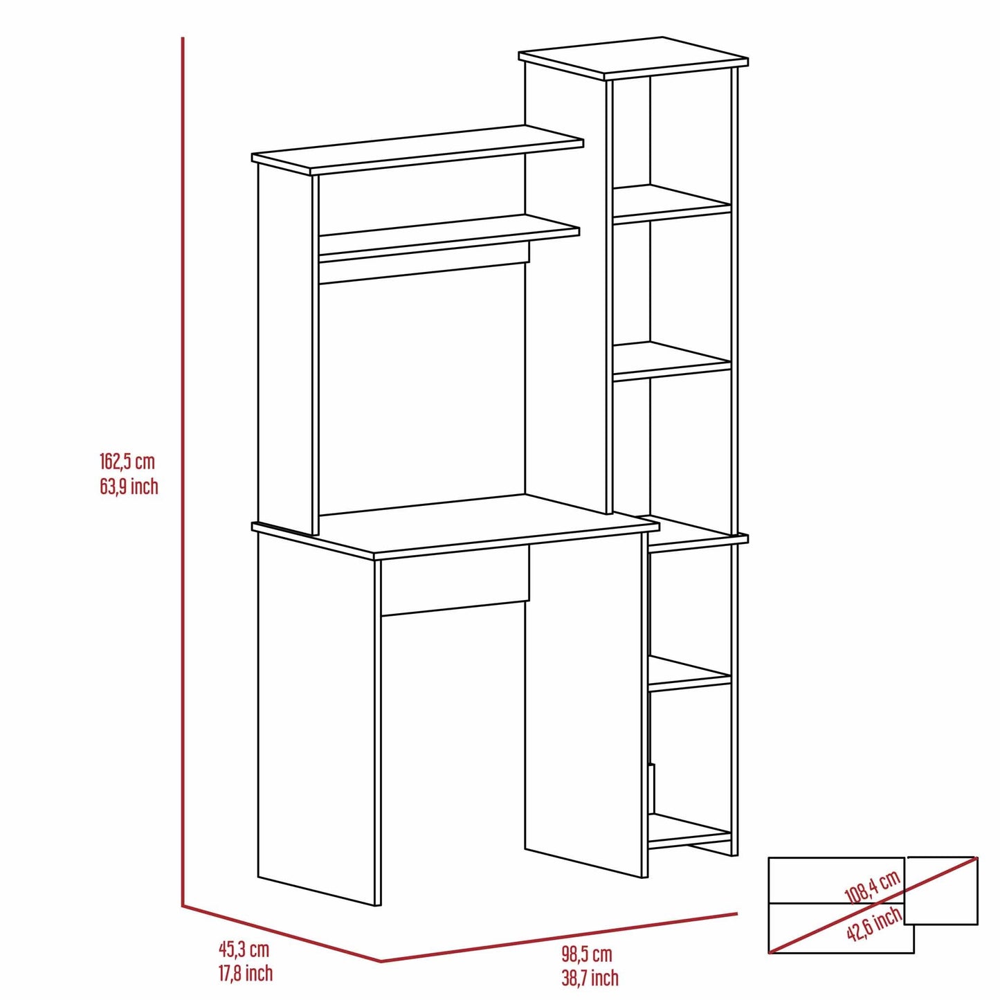 Writing Desk with Built-in Bookcase Light Grey