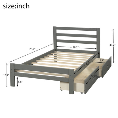 Cyril Twin Size Wood Platform Bed with Dual Drawers - Gray