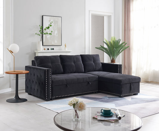 Elegant Comfort Black Copper Nail Sectional Sofa Bed
