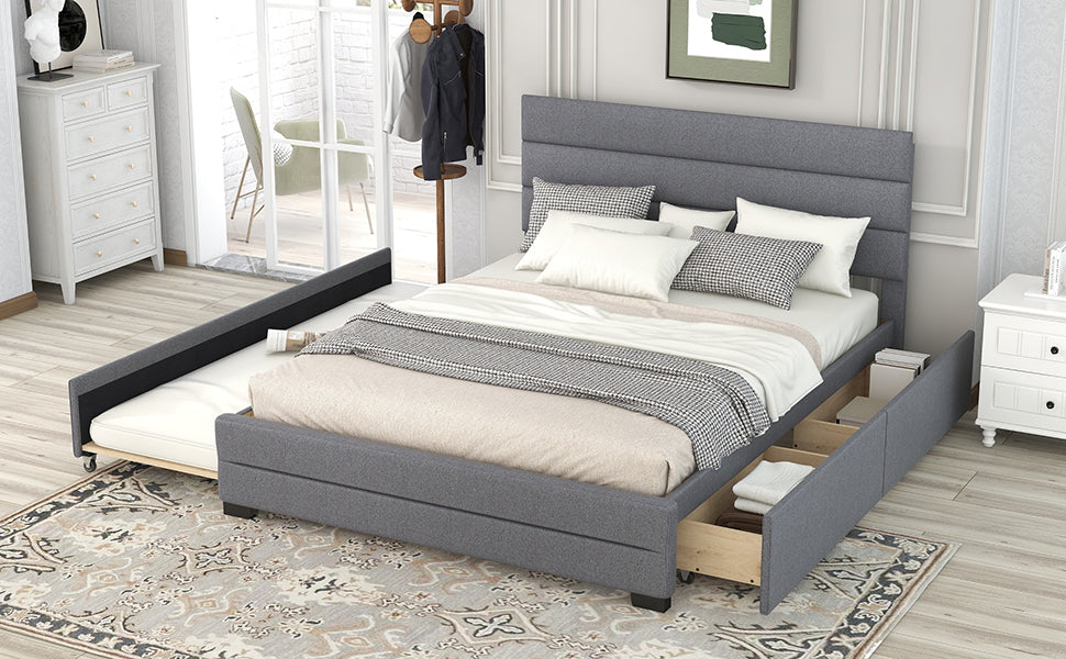 Eira Queen Size Upholstered Platform Bed with Trundle - Grey