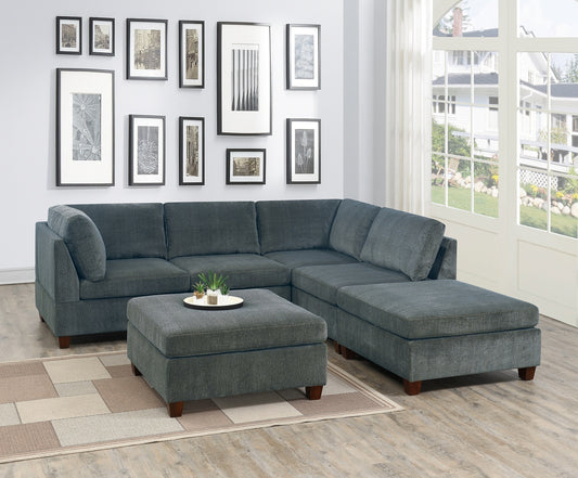 Verma Grey Chenille Modular Sectional 6pc Set 2x Corner Wedge 2x Armless Chairs and 2x Ottomans