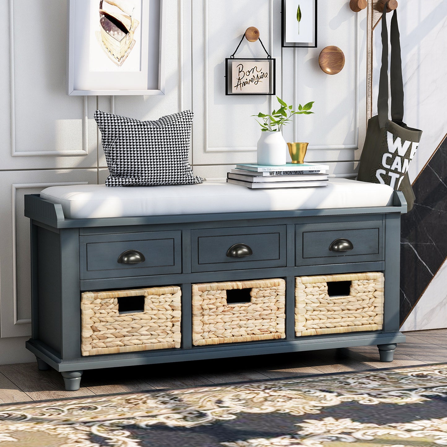 Rustic Storage Bench with 3 Drawers and 3 Rattan Baskets - Antique Navy