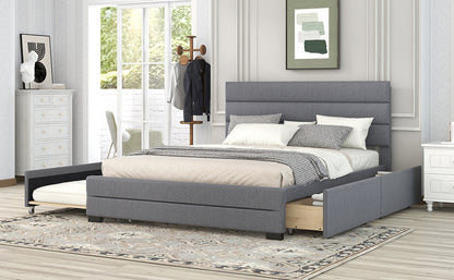 Eira Queen Size Upholstered Platform Bed with Trundle - Grey