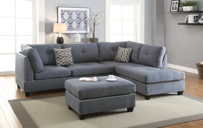 Surya 3pc  Sectional Sofa Polyfiber Cushion Sofa Chaise Ottoman Reversible Couch Pillows - Blue Grey