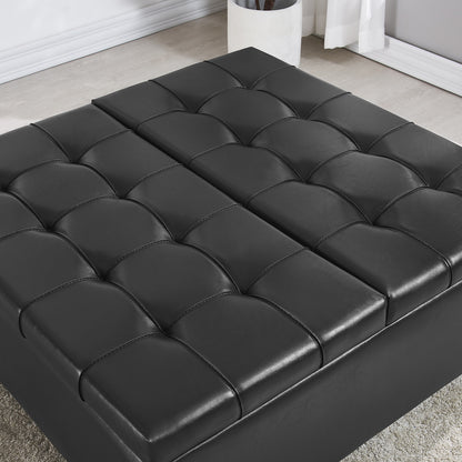 Square Faux Leather Storage Ottoman - Black