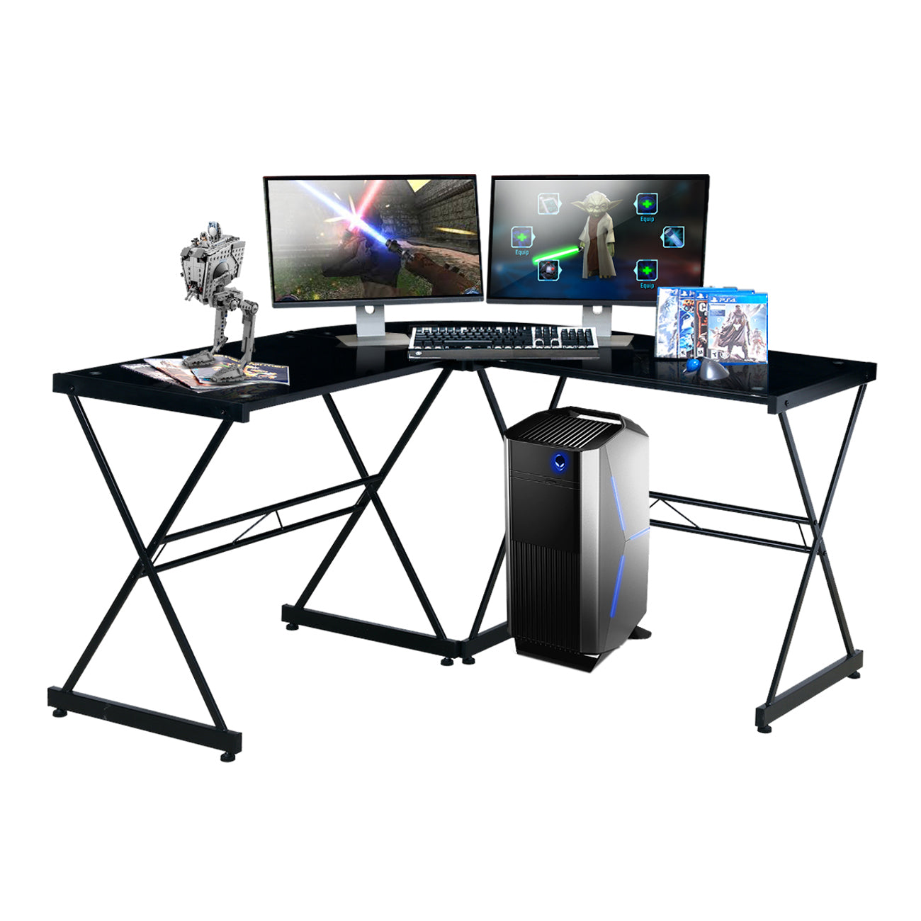 Go Green Woods L-Shaped Glass Computer Desk - Black