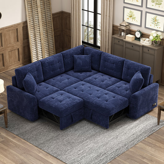 Novak L-shape Sofa Bed Pull-out Sleeper Sofa with Wheels - Navy Blue