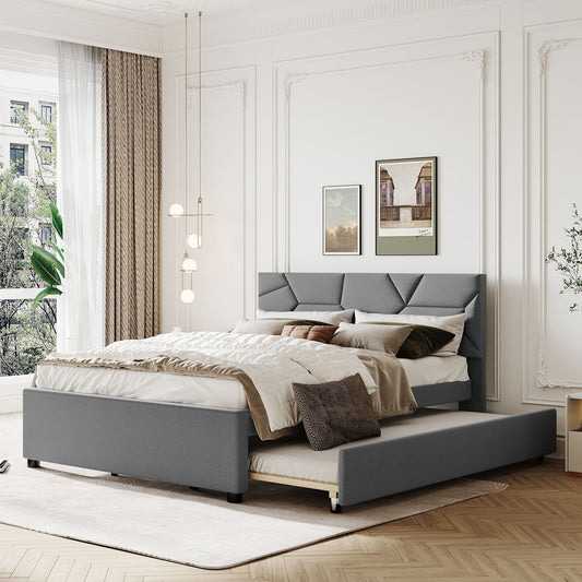 Brick Queen Size Platform Bed with Twin Size Trundle - Gray