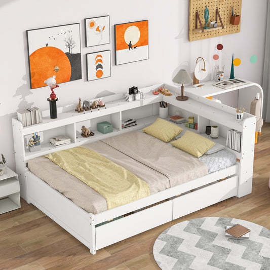Parker Full Size Daybed with Bookcases -Drawers - White