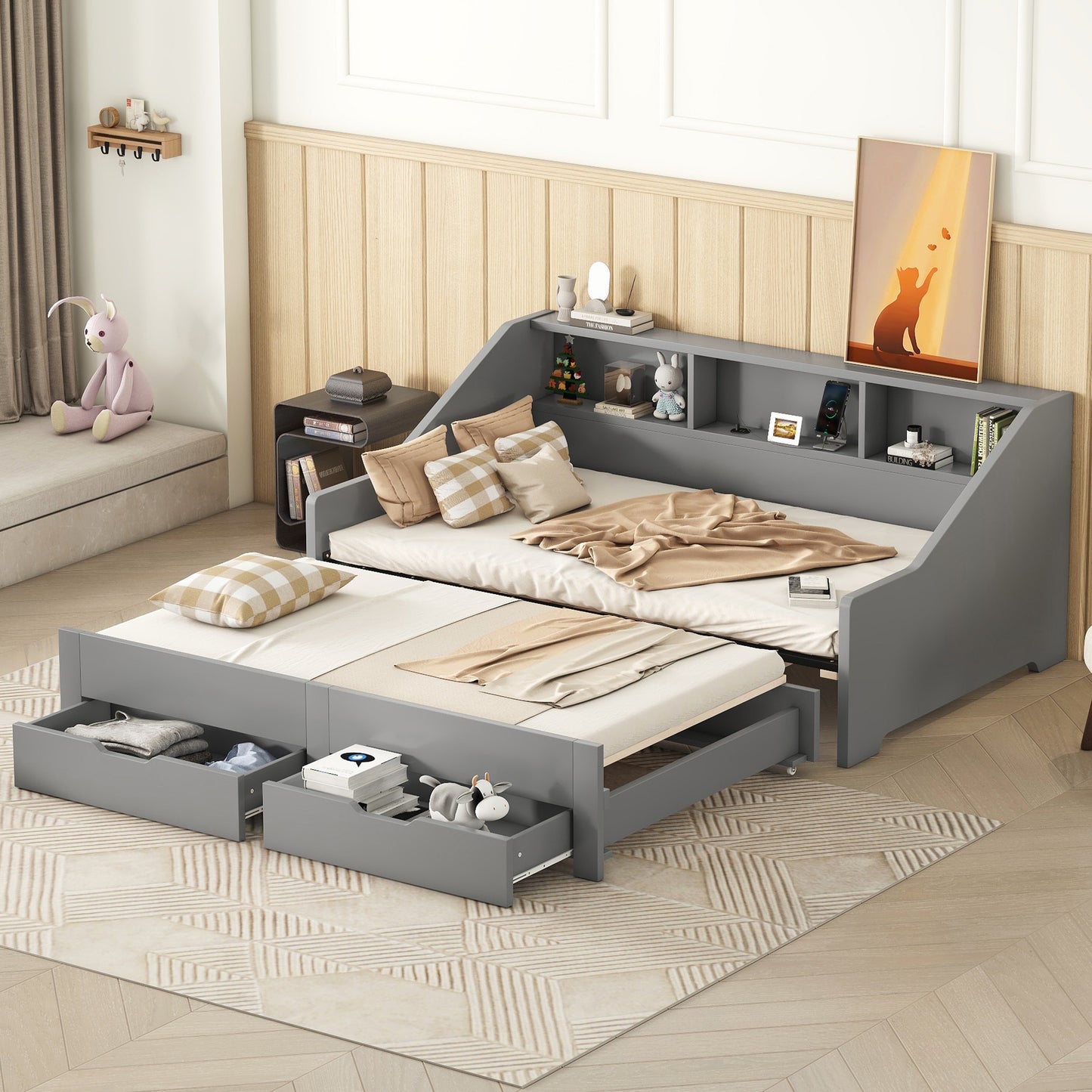 Zion Twin to King Size Daybed  with Storage Bookcases - Gray