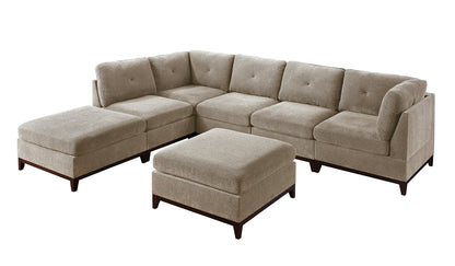 Khal Camel Chenille Fabric Modular Sectional 7pc Set 2x Corner Wedge 3x Armless Chairs and 2x Ottomans