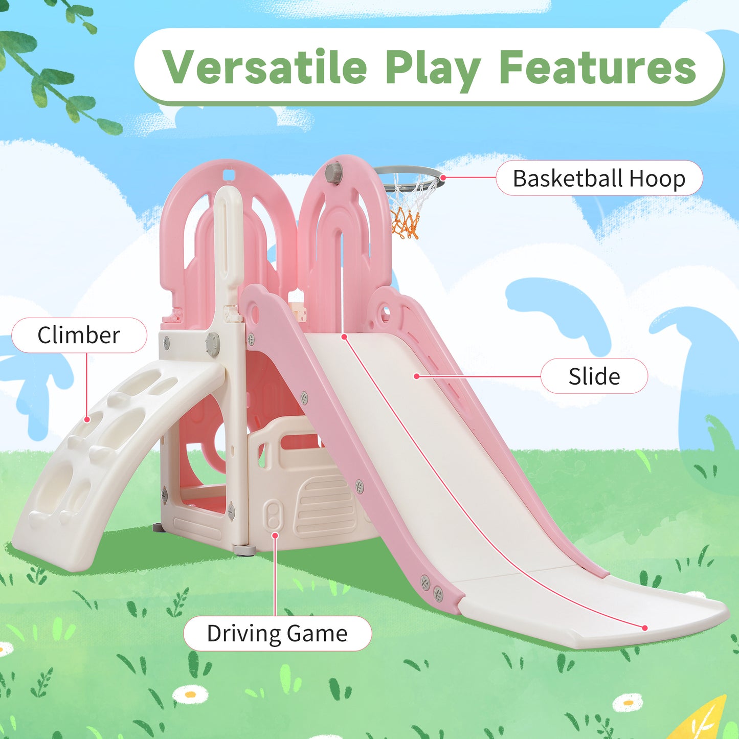 Kids Playground Climber Freestanding Slide Playset - Pink