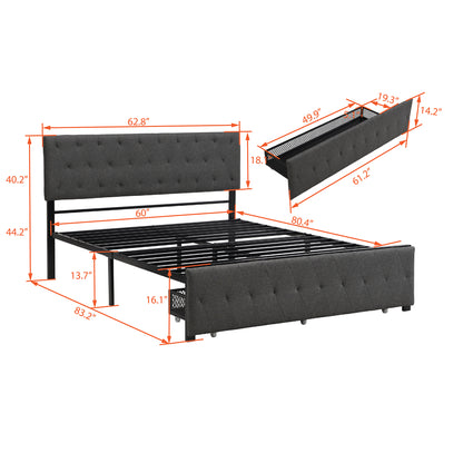 Apex Queen Size Storage Bed Metal Platform Bed with Drawer - Gray