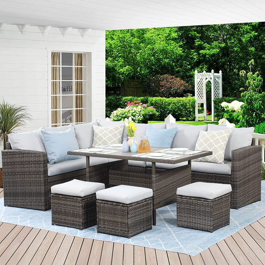 Kyoko 7 Pc PE Rattan Wicker Patio Dining Sectional Cusions Sofa Set - Gray