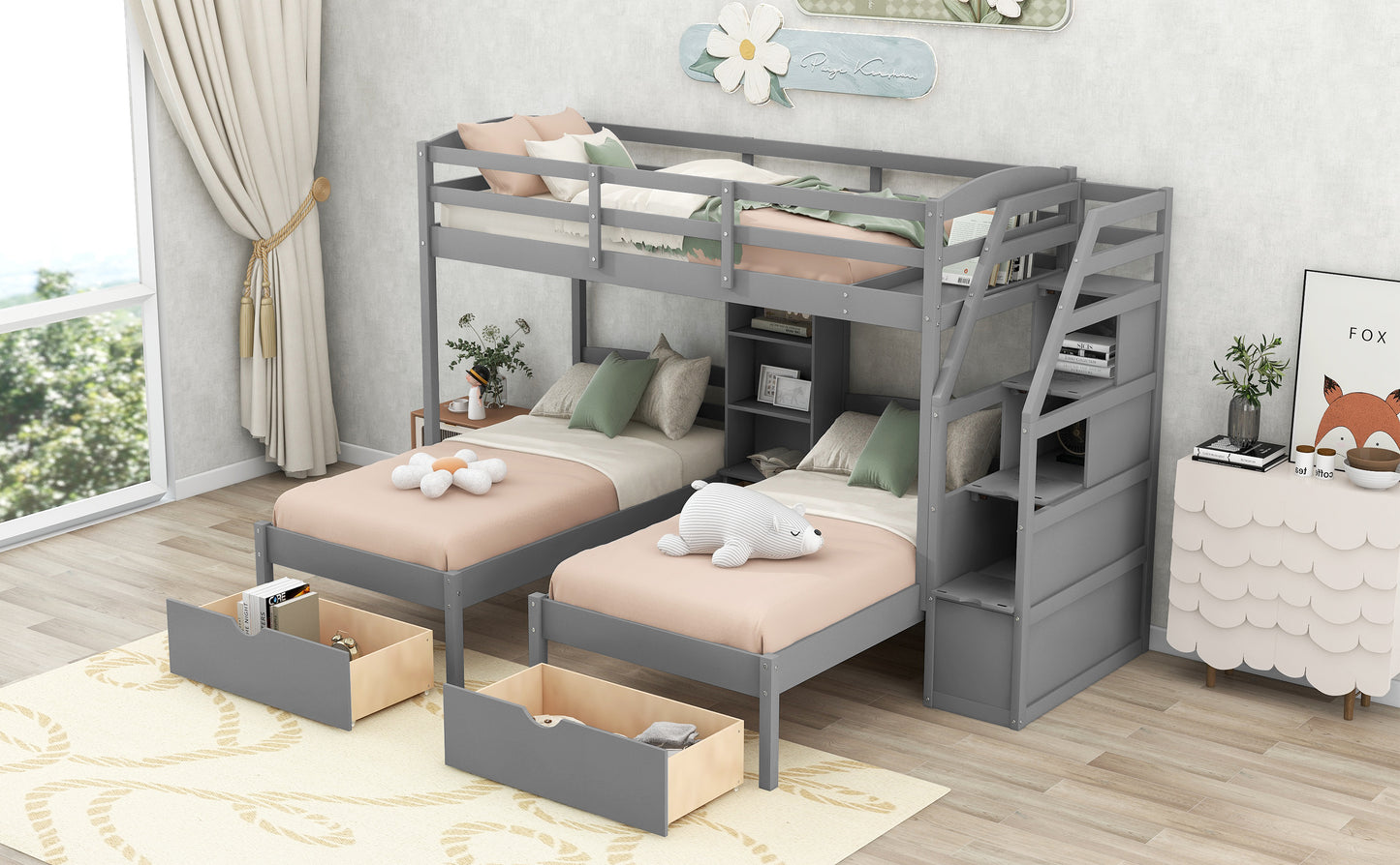 Family Set  Bunk Bed with Storage and Shelves