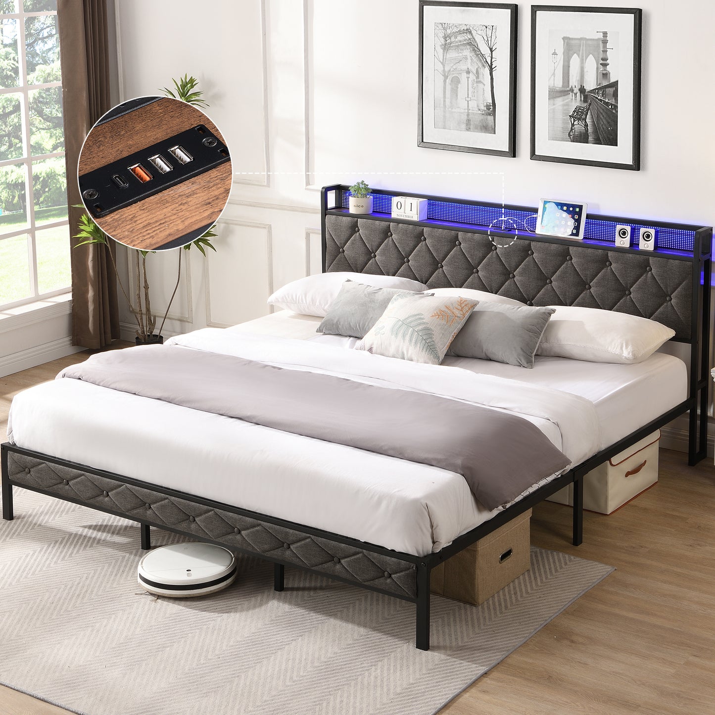 Alder King Size Bed Frame with Storage - Dark Gray