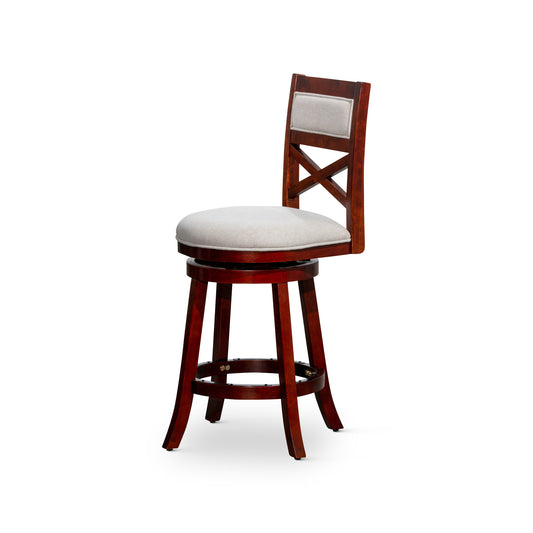 Counter Height X-Back Swivel Stool, Cherry Finish, Beige Fabric Seat