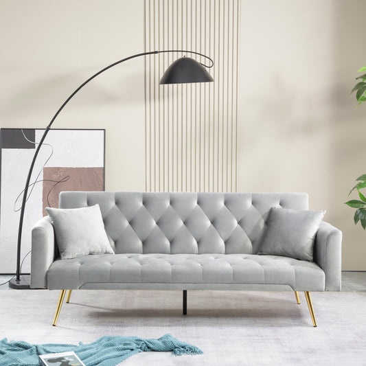 Tasa Velvet Futon Sofa Bed with Metal Legs & 2 Pillows - Grey