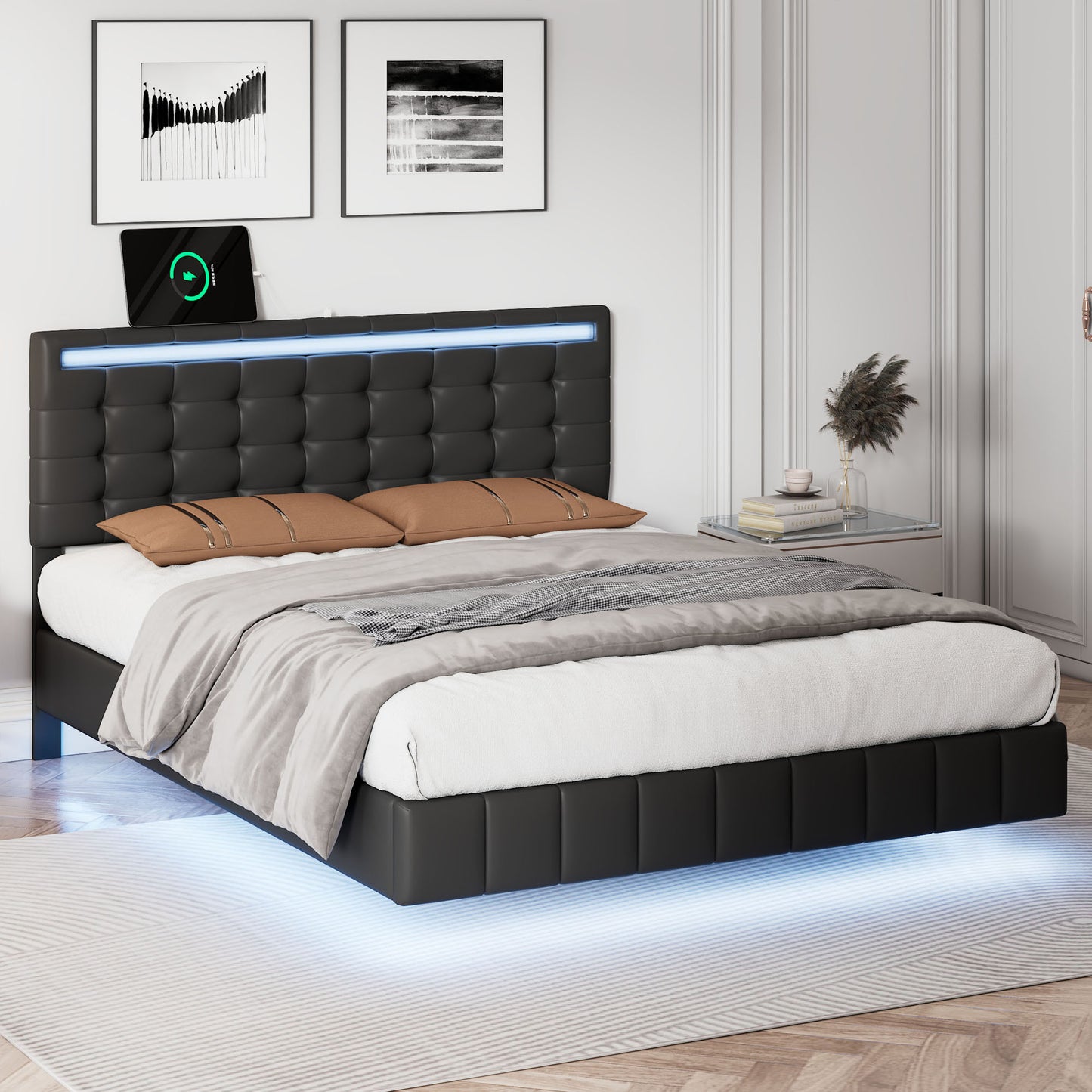 Marc Full Size Floating Bed Frame with LED - Black