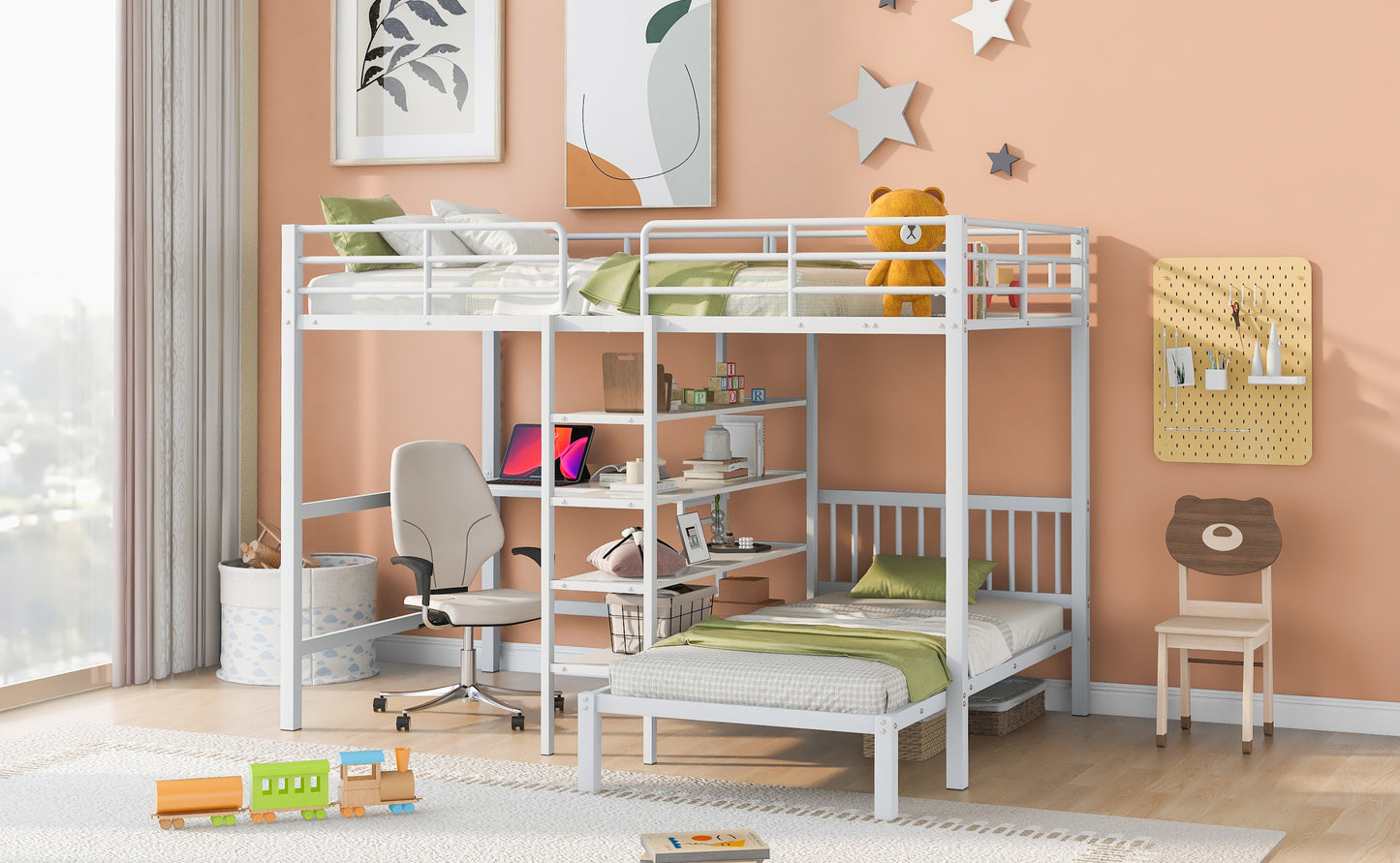 Harmony Haven Twin Loft Bed with Integrated Desk, Storage, and Staircase, Snow White