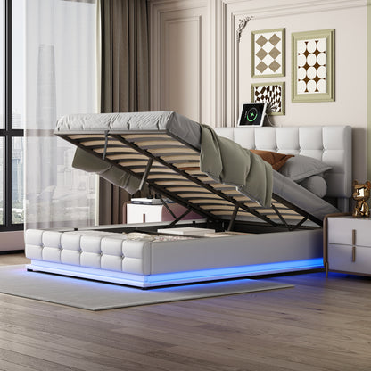 Luxury Dream Queen Bed with Smart Storage and LED Illumination - White