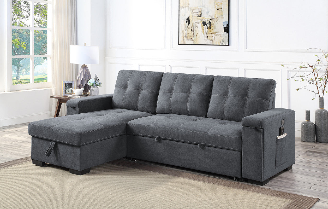 Toby Woven Fabric Reversible Sleeper Sectional Sofa with Storage Chaise Cup Holder USB Ports and Pockets - Gray