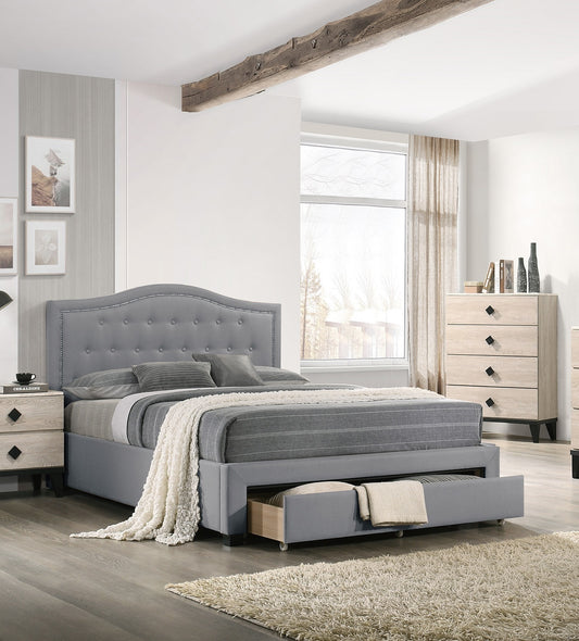 Imani Twin Size Bed w Drawer Button Tufted - Light Grey