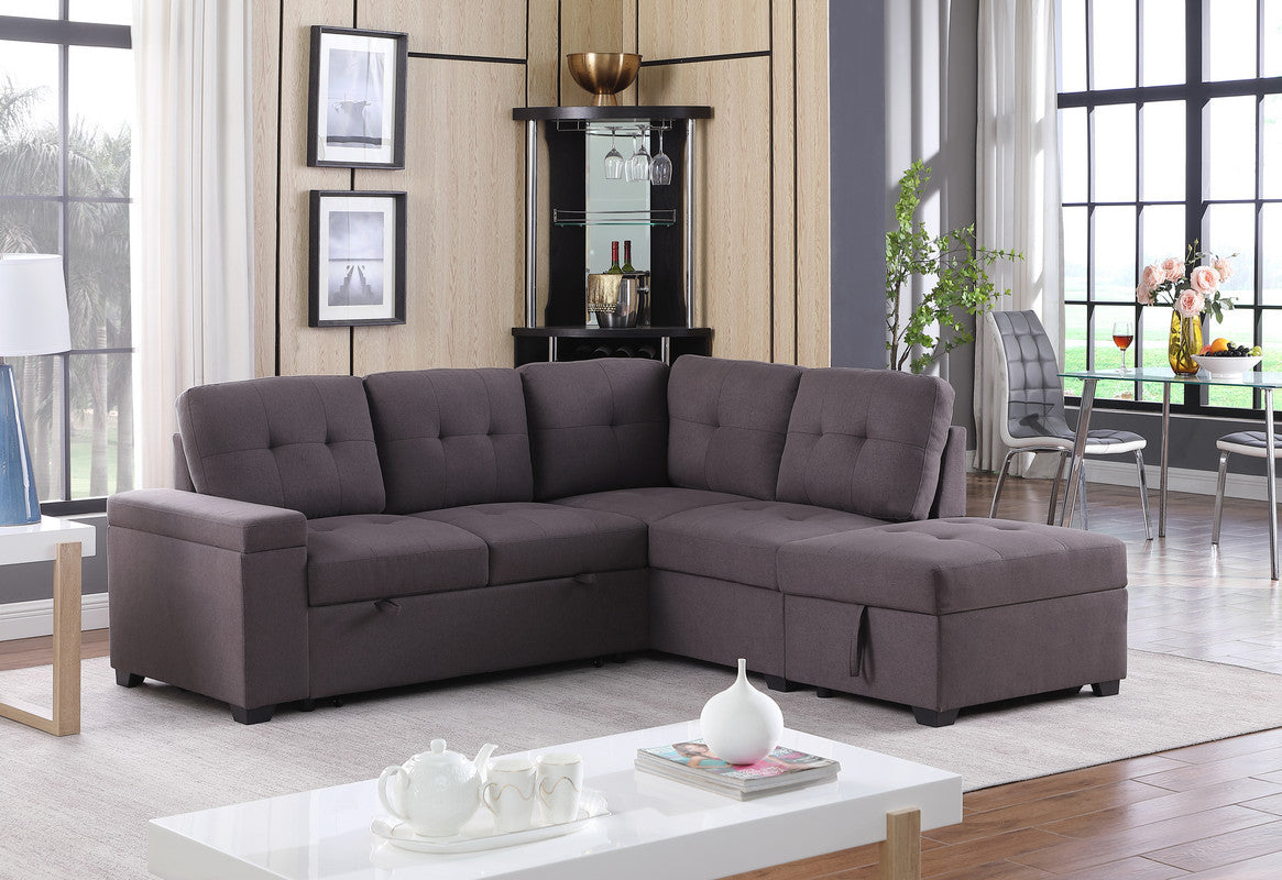 Katie Linen Sleeper Sectional Sofa with Storage Ottoman - Brown