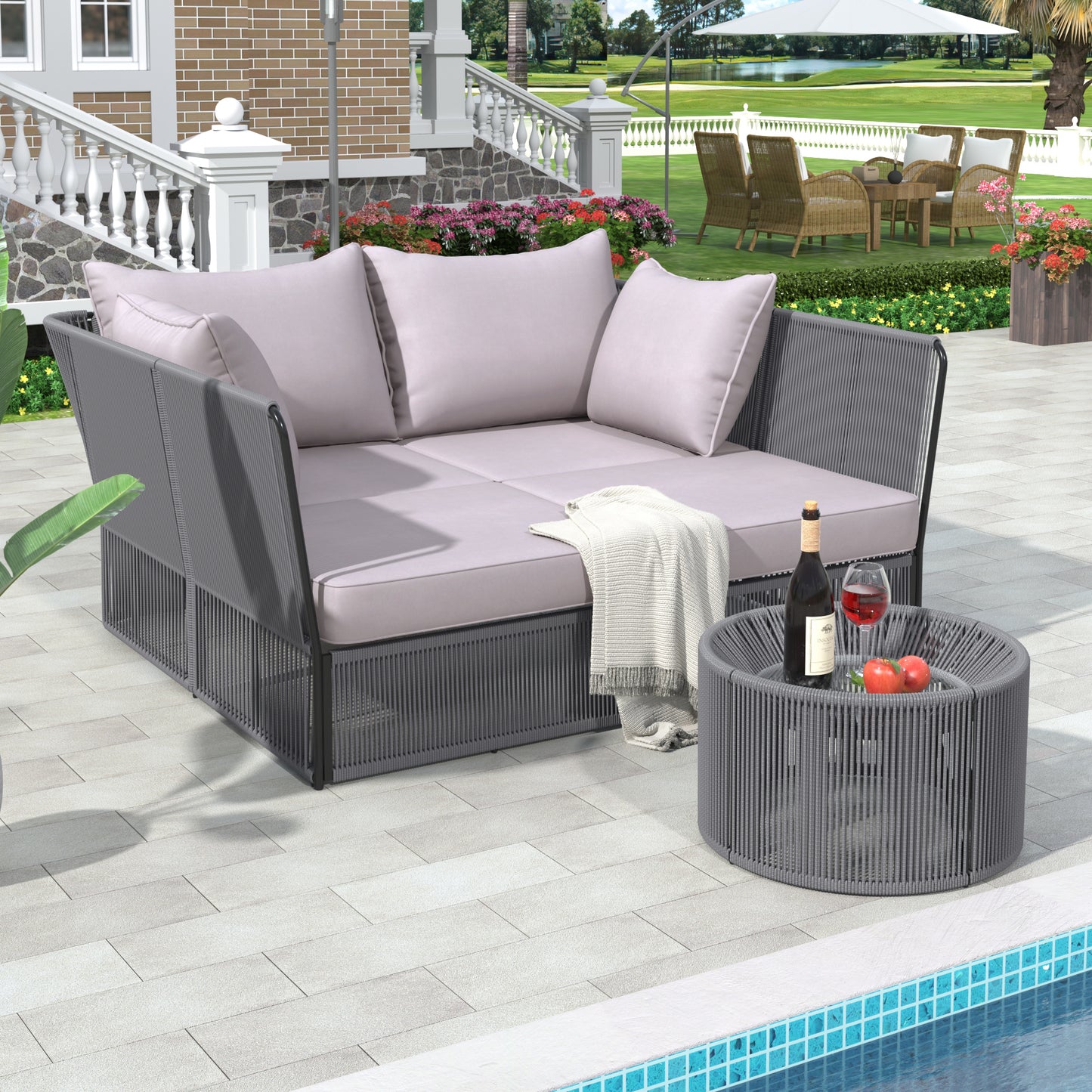 Freeda 2 Pc Outdoor Sunbed and Coffee Table Set - Gray