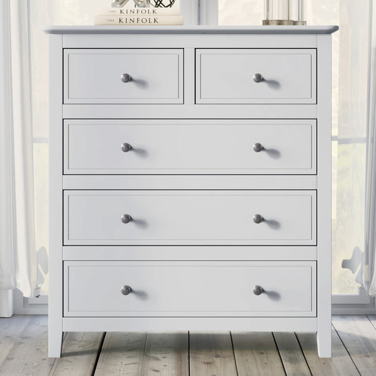 Elegant White Wood Chest with 5 Drawers