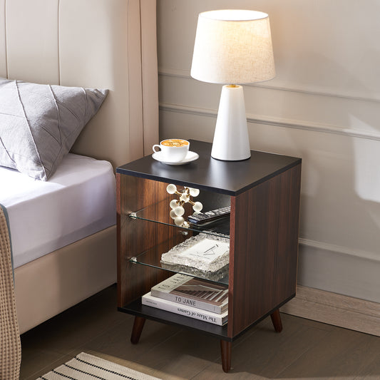 Vivo LED Nightstand with 2 Glass Shelves - Walnut