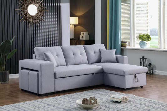 Dennis Fabric Reversible Sleeper Sectional with Storage Chaise and 2 Stools - Light Gray