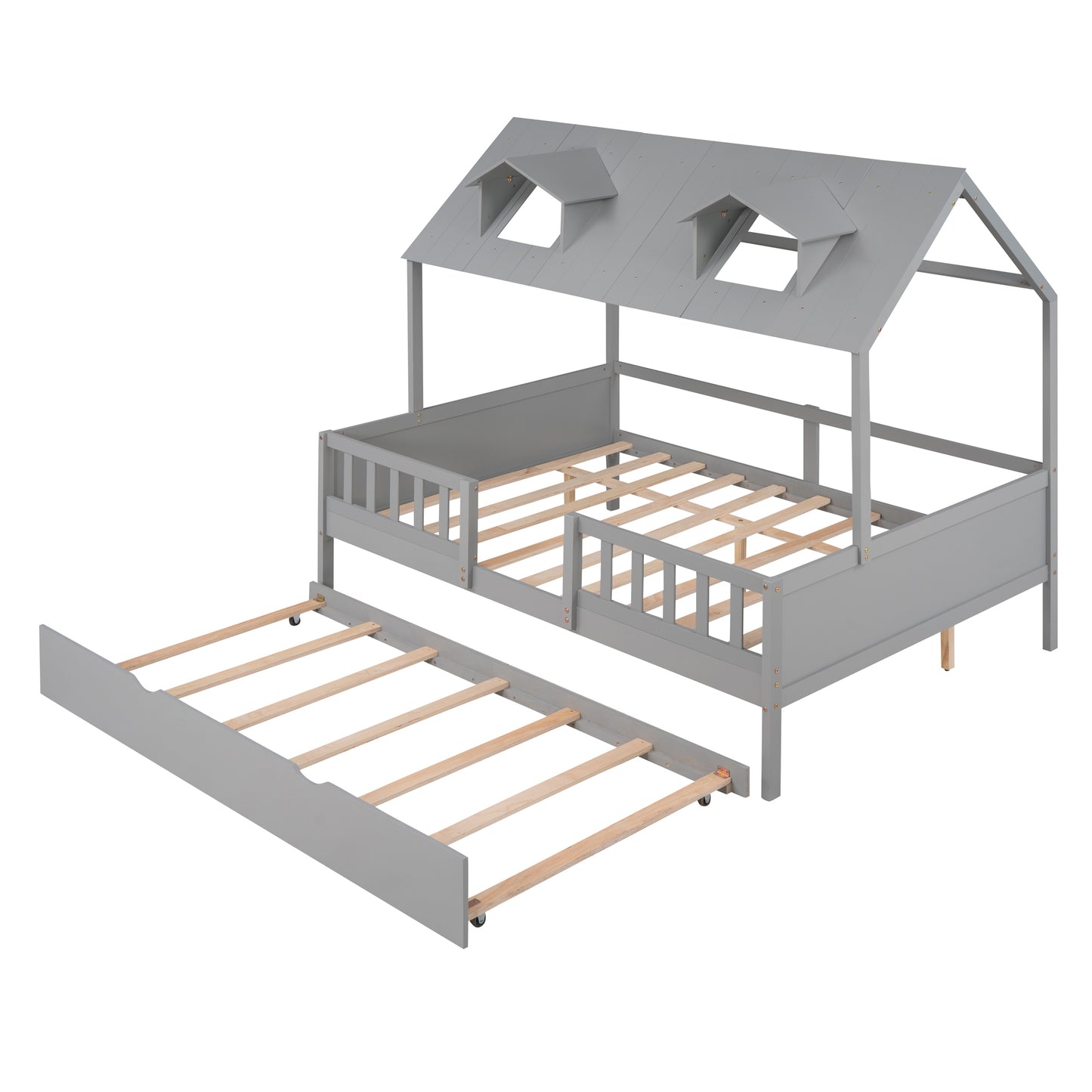 Full Size House Bed with Twin Size Trundle (Gray)