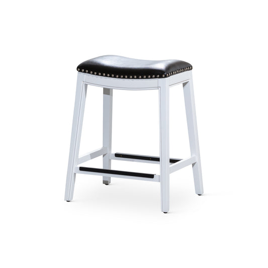 30" Bar Stool, White Finish, Black Leather Seat