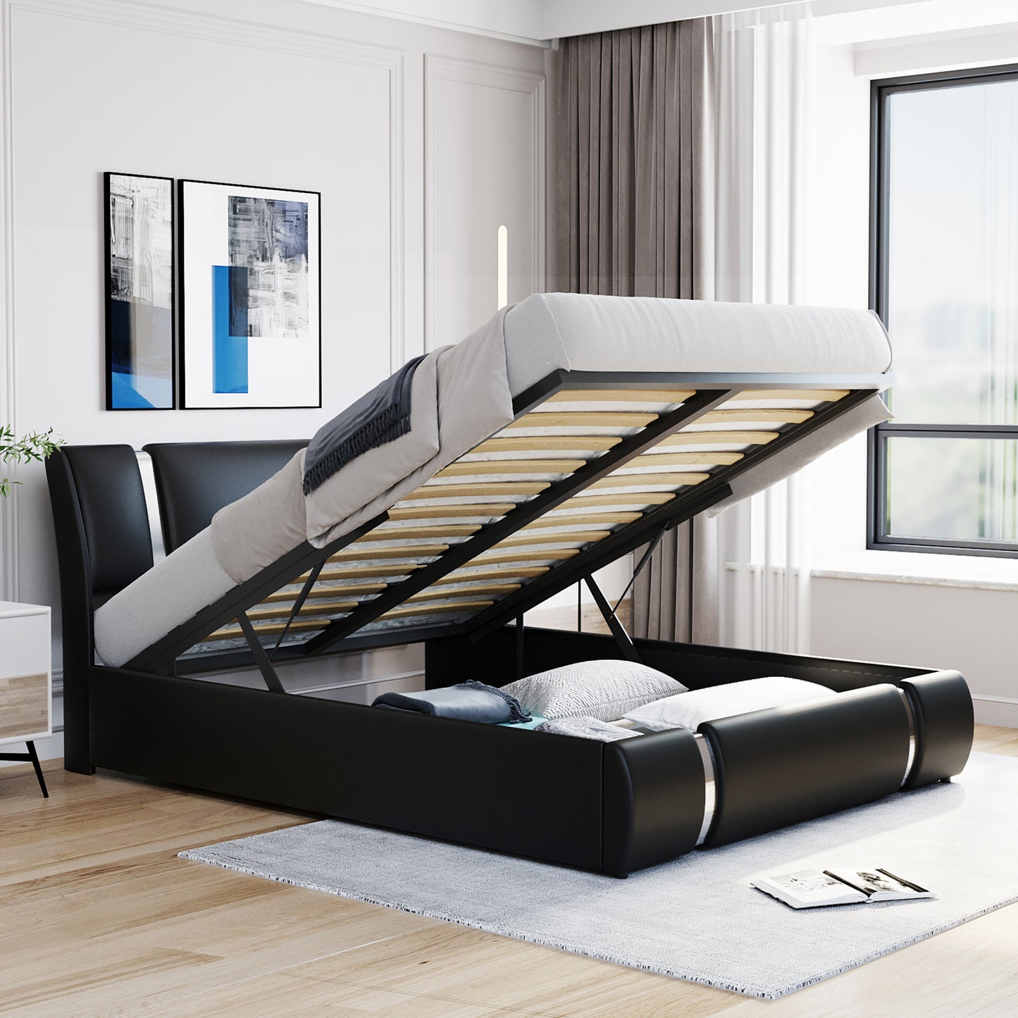 Quillon Queen Size Storage Platform Bed w Hydraulic System - Black