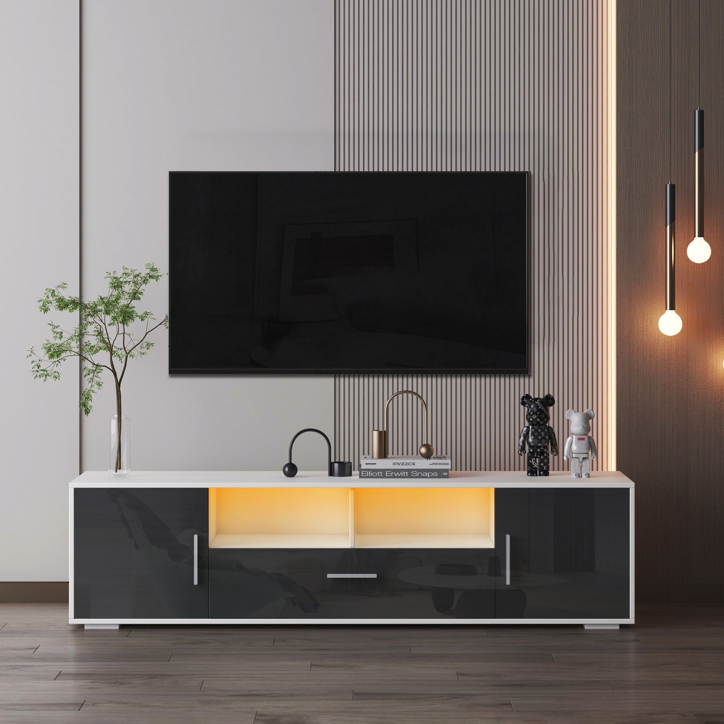 Oasis TV Stand with LED Lights - White+Dark Gray