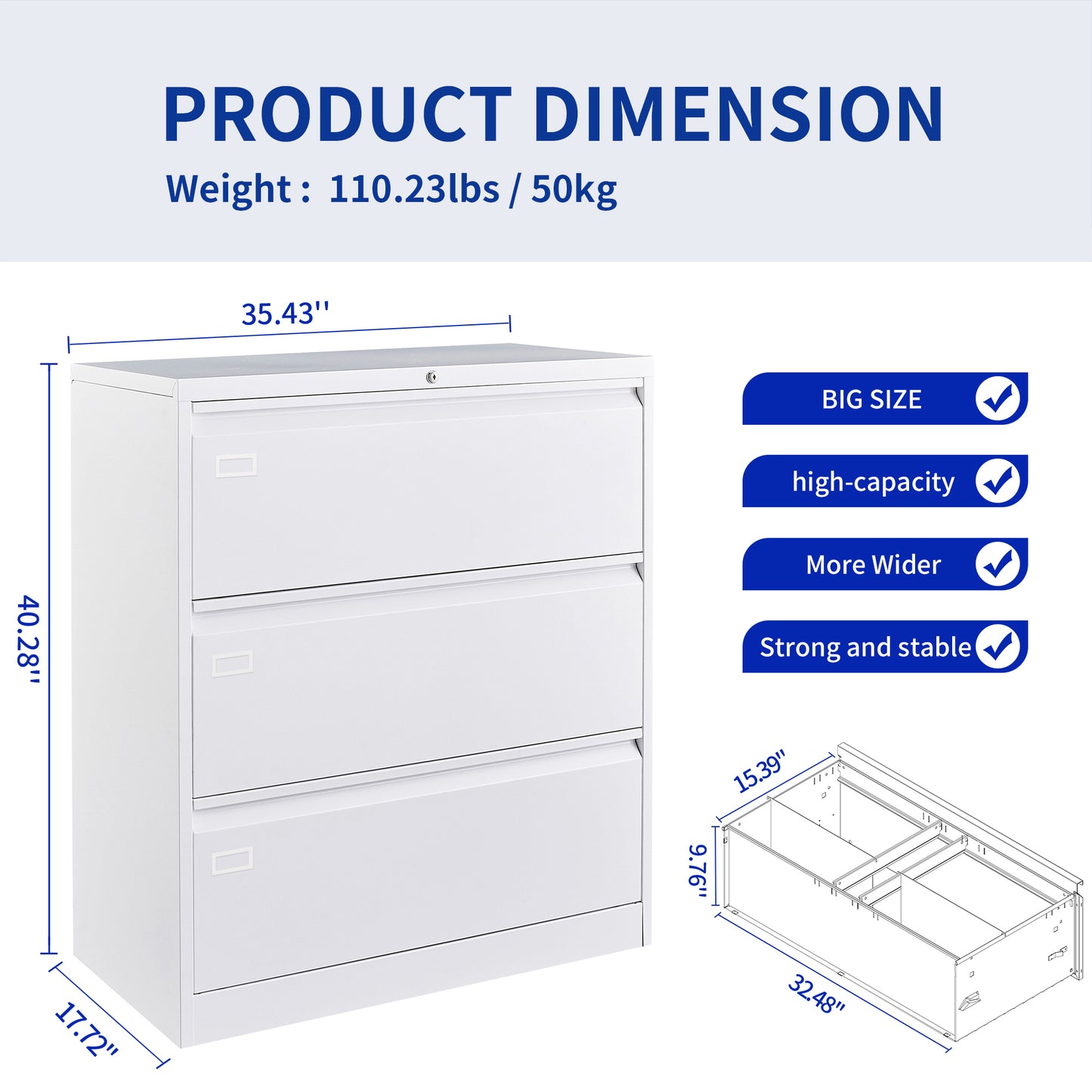 Steel 3 Drawer Lateral Filing Cabinet - White