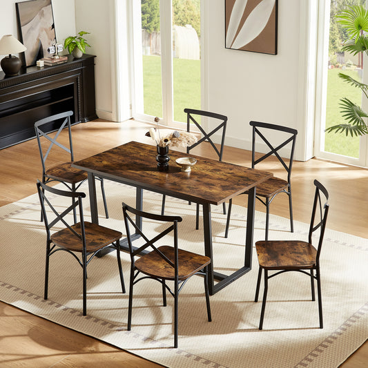 Barna 7pc Dining Set Table 6x Side Chairs - Brown