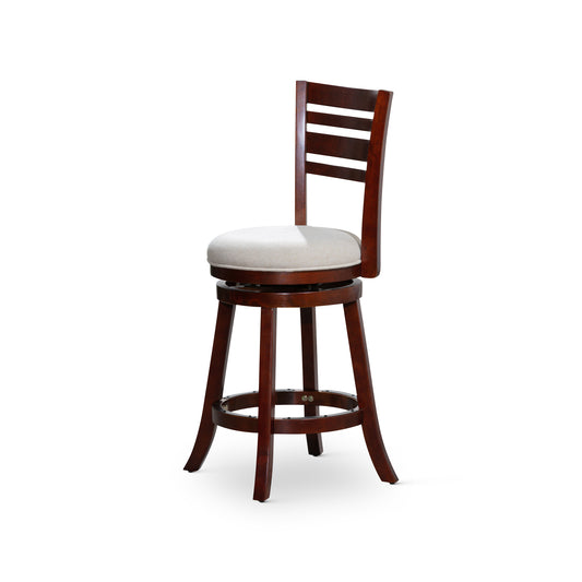 Counter Height Slat Back Swivel Stool, Cherry Finish, Beige Fabric Seatq