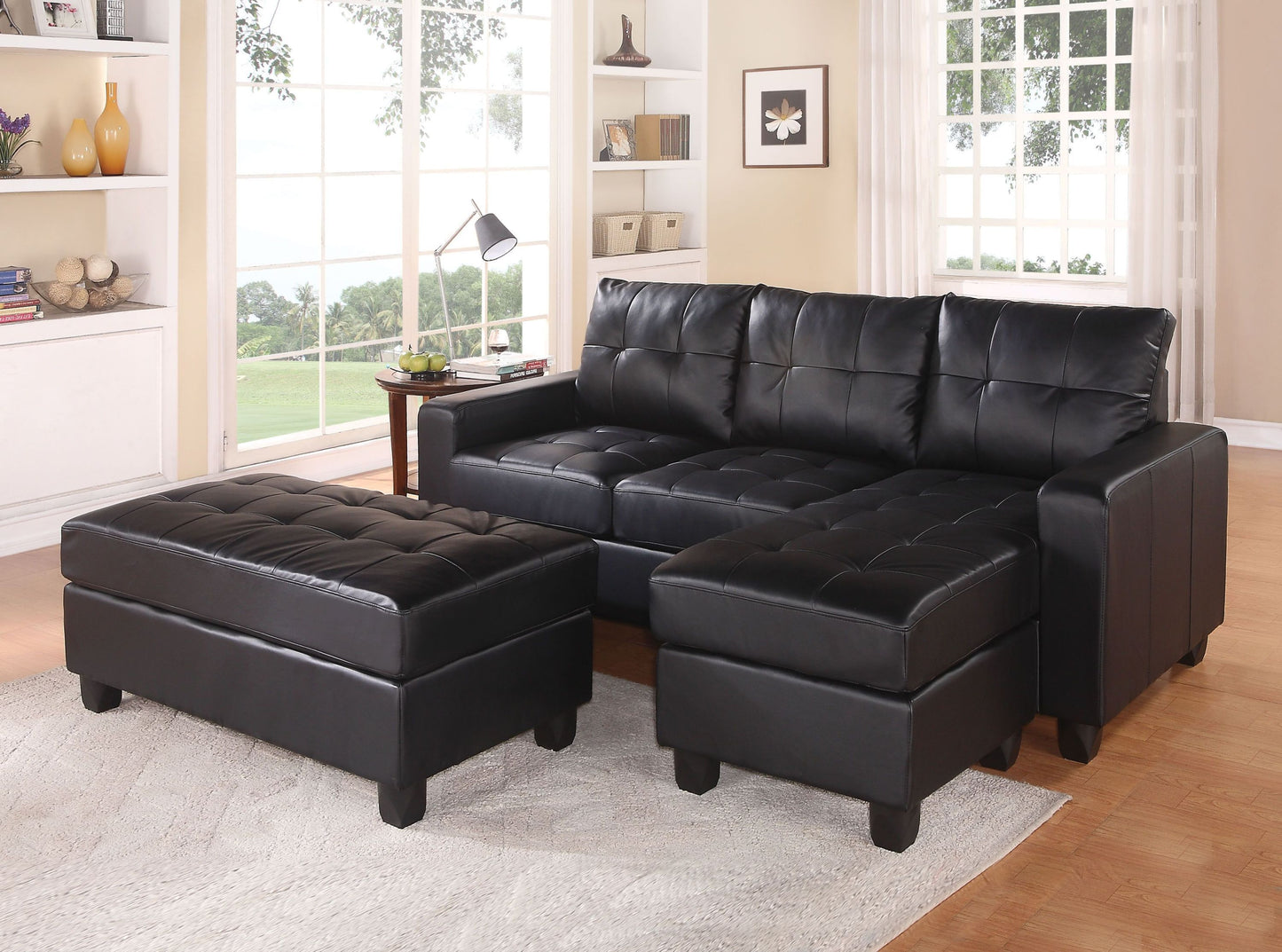 Angle Bonded Leather Sectional Sofa & Ottoman  - Black