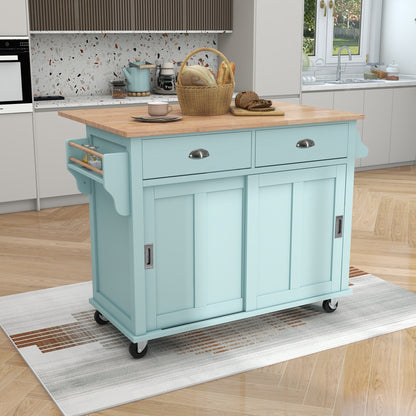 Culinary  Kitchen Cart with Countertop With Barn Door - Mint Green