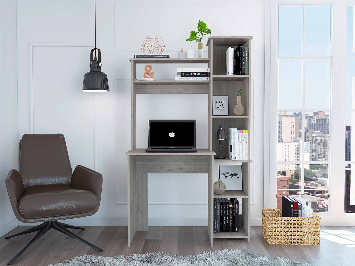 Writing Desk with Built-in Bookcase Light Grey