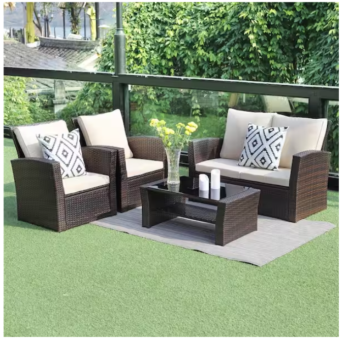 Darnell 4 Pc PE Rattan Wicker Outdoor Patio Furniture Set - Brown