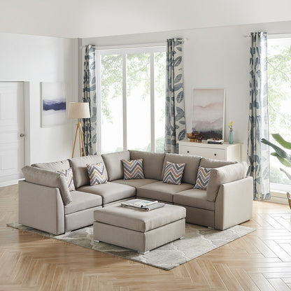 Amira Fabric Reversible Sectional Sofa with Ottoman and Pillows - Beige