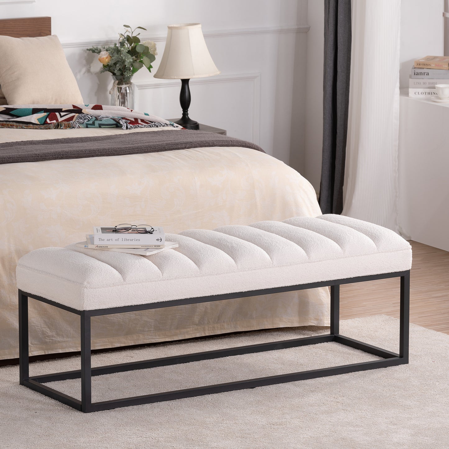 Metal Base Upholstered Bench - White