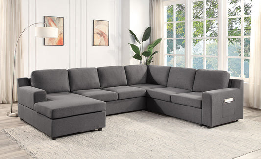 Waylon Linen 6-Seater U-Shape Sectional Sofa Chaise  -Gray