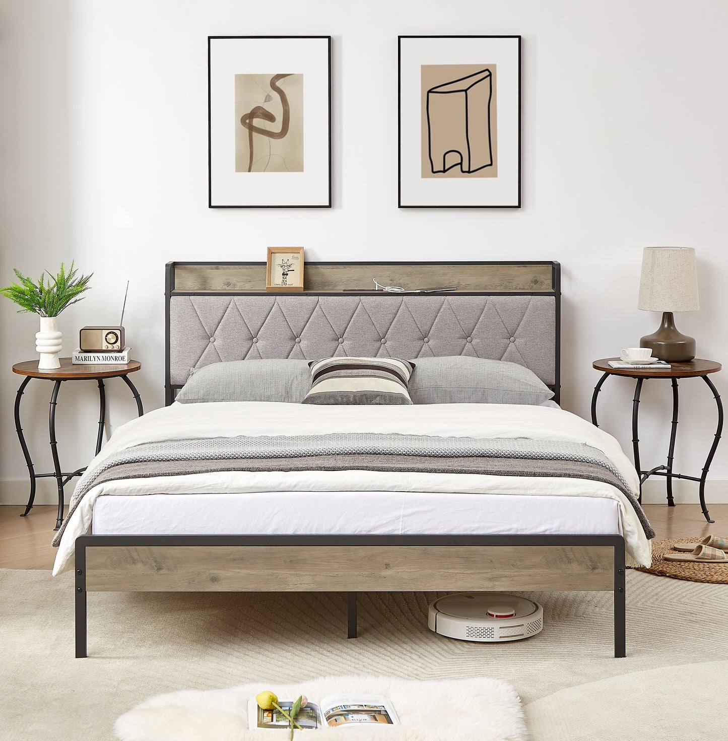 Biony Queen Size Metal Bed Frame W Charging Station - Gray