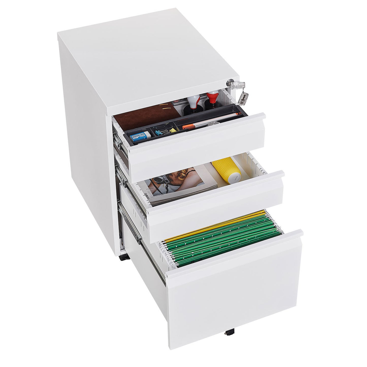 3 Drawer Mobile Locking File Cabinet - White